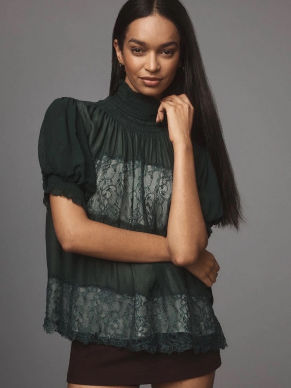 Anthropologie Dark Green Lace-Panel High-Neck Blouse